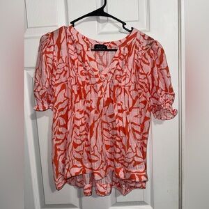 CeCe Orange Floral V-Neck Short Sleeve Blouse